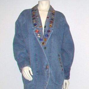 Vintage 80s Womens Oversized Cocoon Denim Coat Rhinestone Stud Jean Jacket Glam